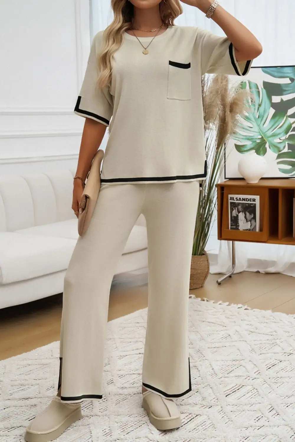 Devine Contrast Trim Half Sleeve Top and Pants Set - Trendsi - Flyclothing LLC