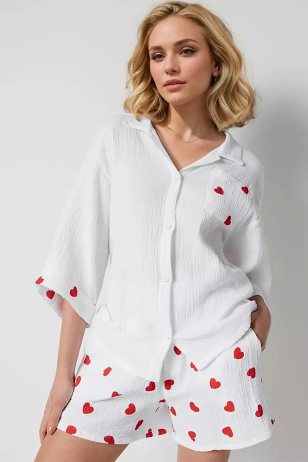 Basic Bae Heart Collared Neck Button Down Top and Shorts Set - ShopBasicbae - Flyclothing LLC