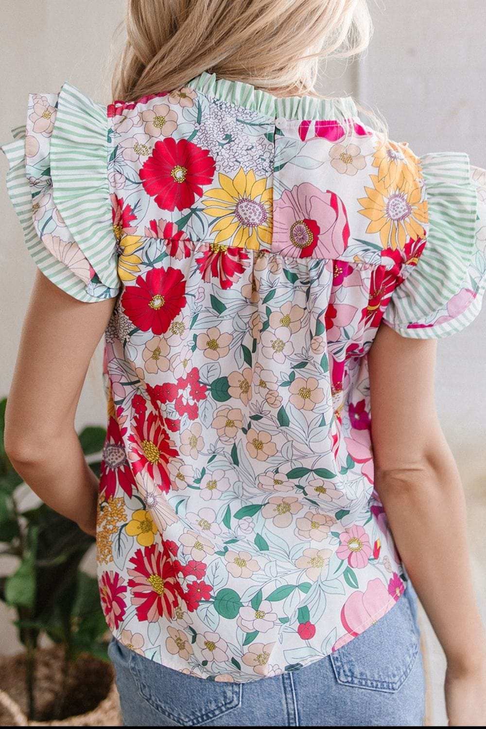 Frill Floral Print Ruffle Cap Sleeve Blouse - Trendsi - Flyclothing LLC