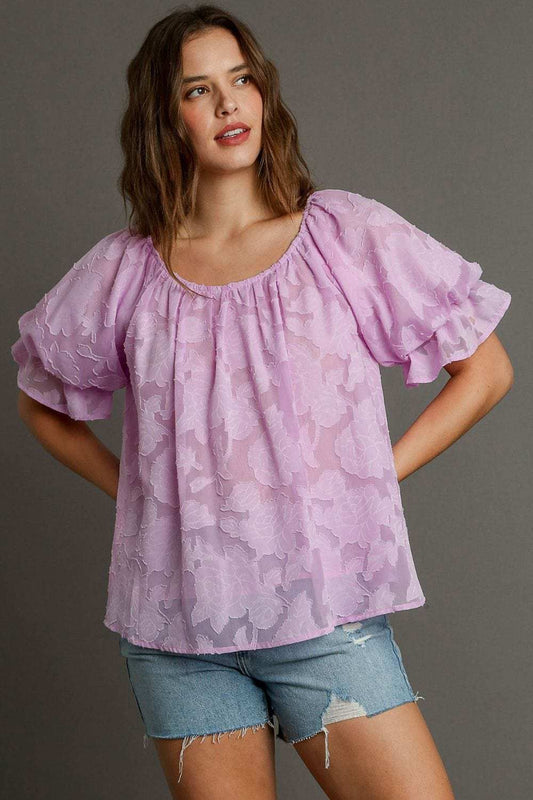 Umgee Full Size Jacquard Round Neck Ruffled Puff Sleeve Blouse Plus Size - Trendsi - Flyclothing LLC