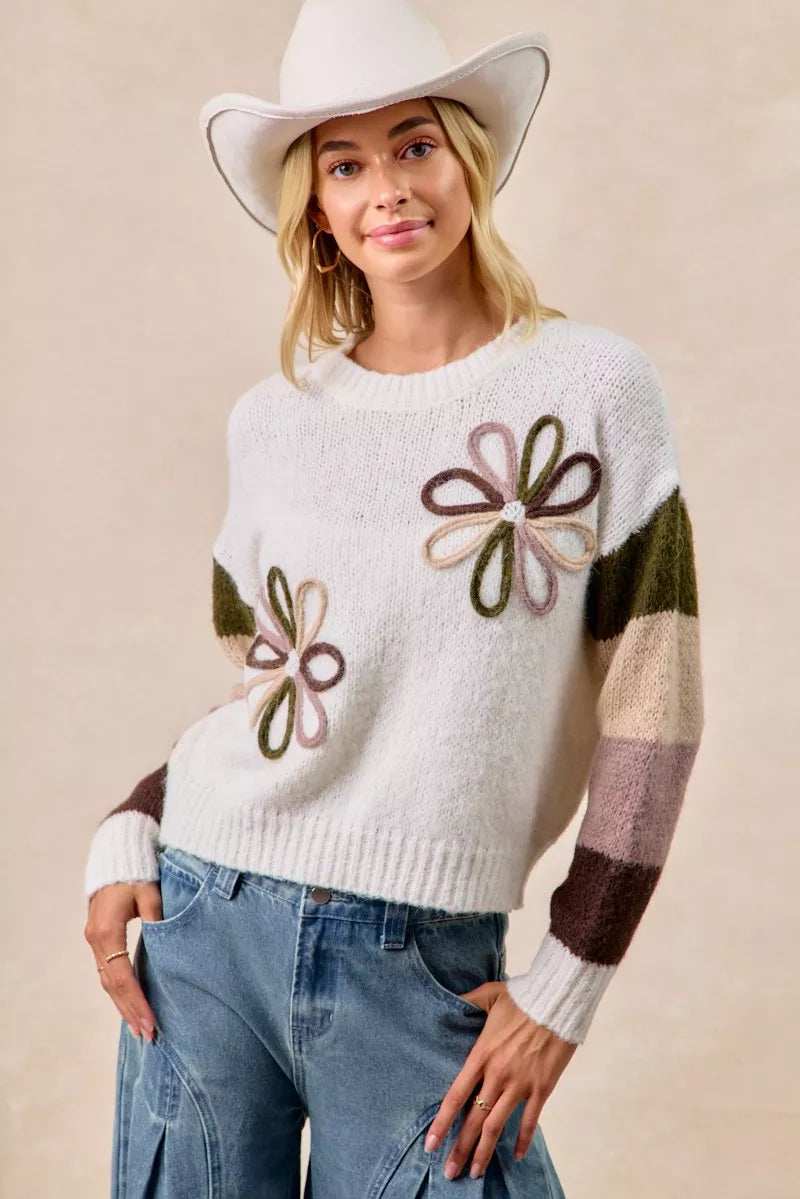BiBi Flower Color Block Sweater - Trendsi - Flyclothing LLC