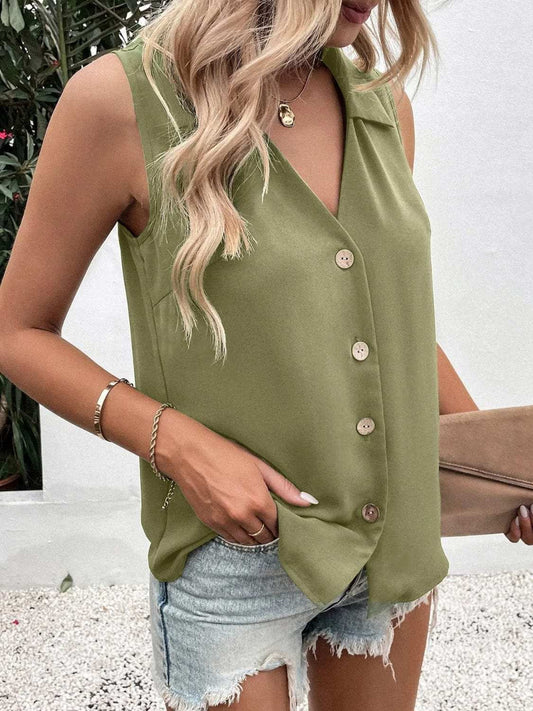Johnny Collared Button Up Sleeveless Top - Trendsi - Flyclothing LLC