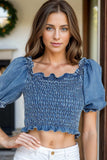 Smocked Square Neck Short Sleeve Denim Top - Trendsi - Flyclothing LLC