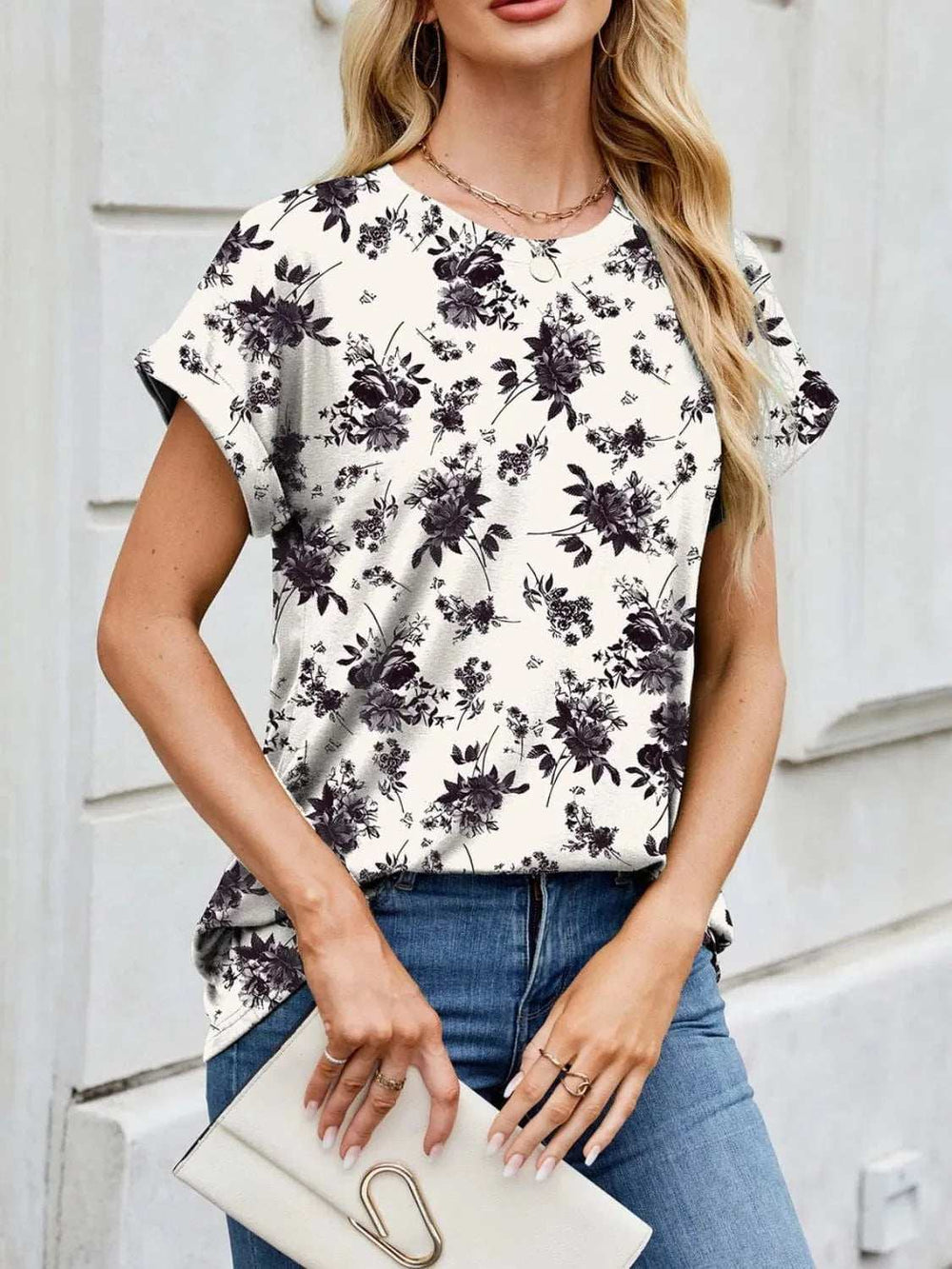 Printed Round Neck Short Sleeve Top - Trendsi - Flyclothing LLC