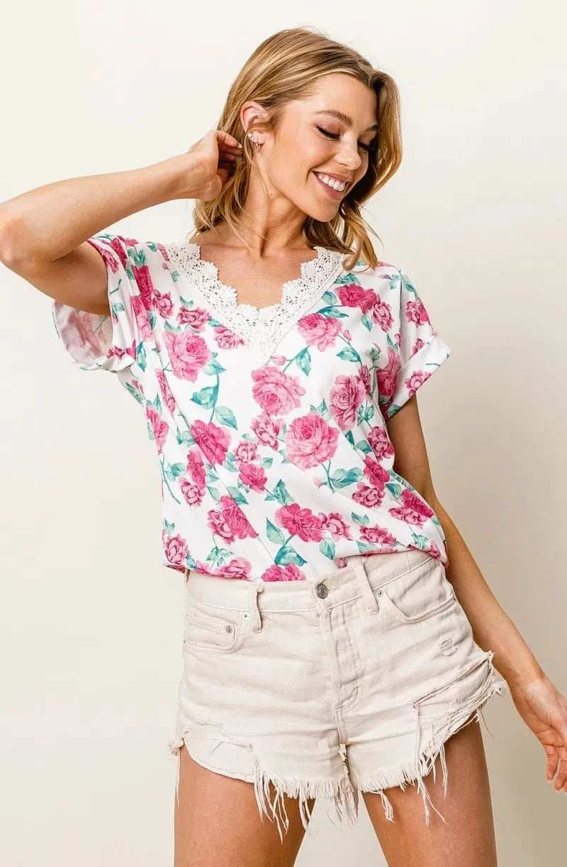 BiBi Rose Printed Poly Span with Crochet Lace Top - Trendsi - Flyclothing LLC