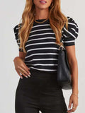 Striped Round Neck Puff Sleeve Knit Top - Trendsi - Flyclothing LLC