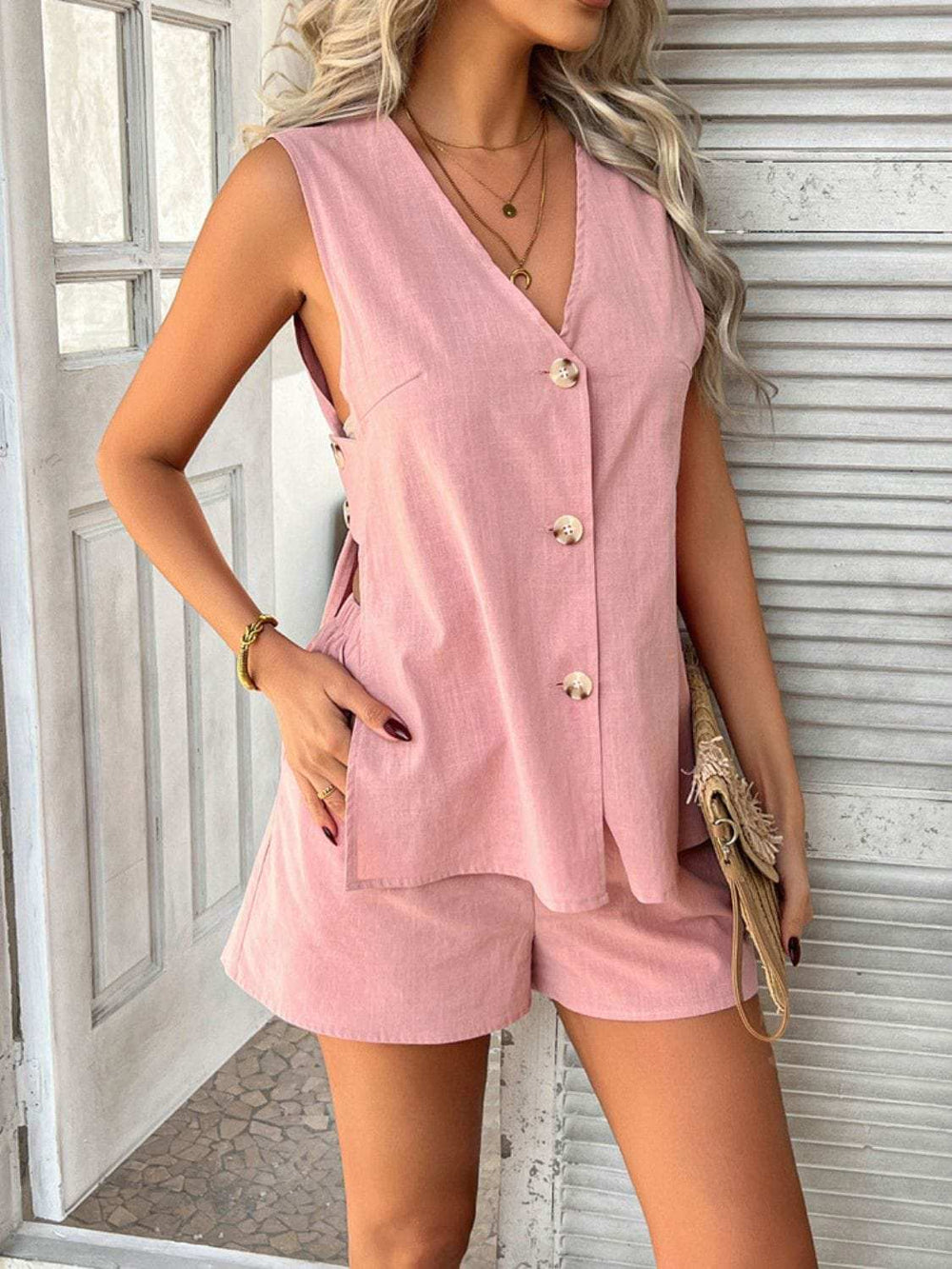 Devine Button Down V-Neck Tank and Shorts Set - Trendsi - Flyclothing LLC