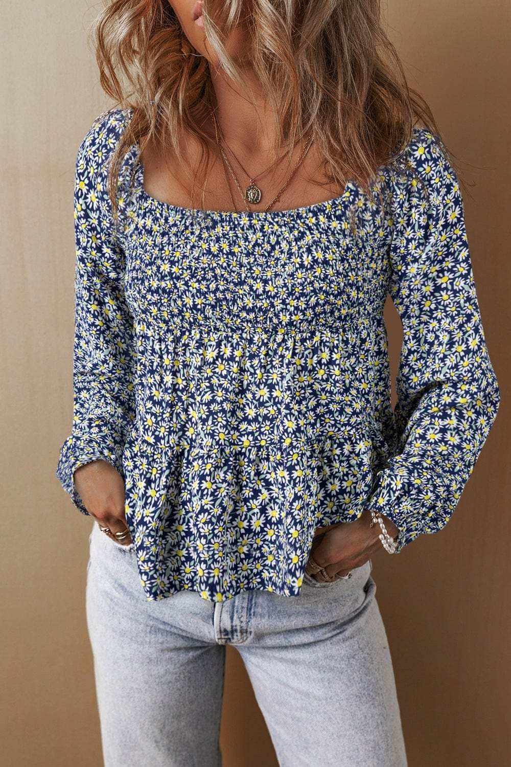 Floral Smocked Square Neck Blouse - Trendsi - Flyclothing LLC