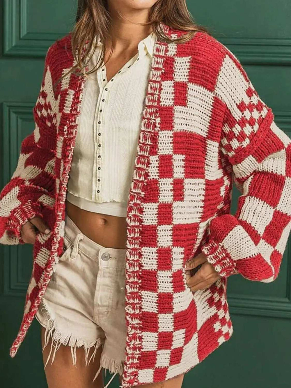 Checkered Open Front Long Sleeve Cardigan - Trendsi - Flyclothing LLC