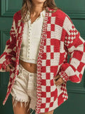 Checkered Open Front Long Sleeve Cardigan - Trendsi - Flyclothing LLC