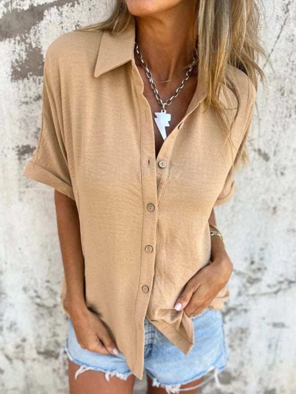 Full Size Collared Neck Half Sleeve Shirt Plus Size - Trendsi - Flyclothing LLC