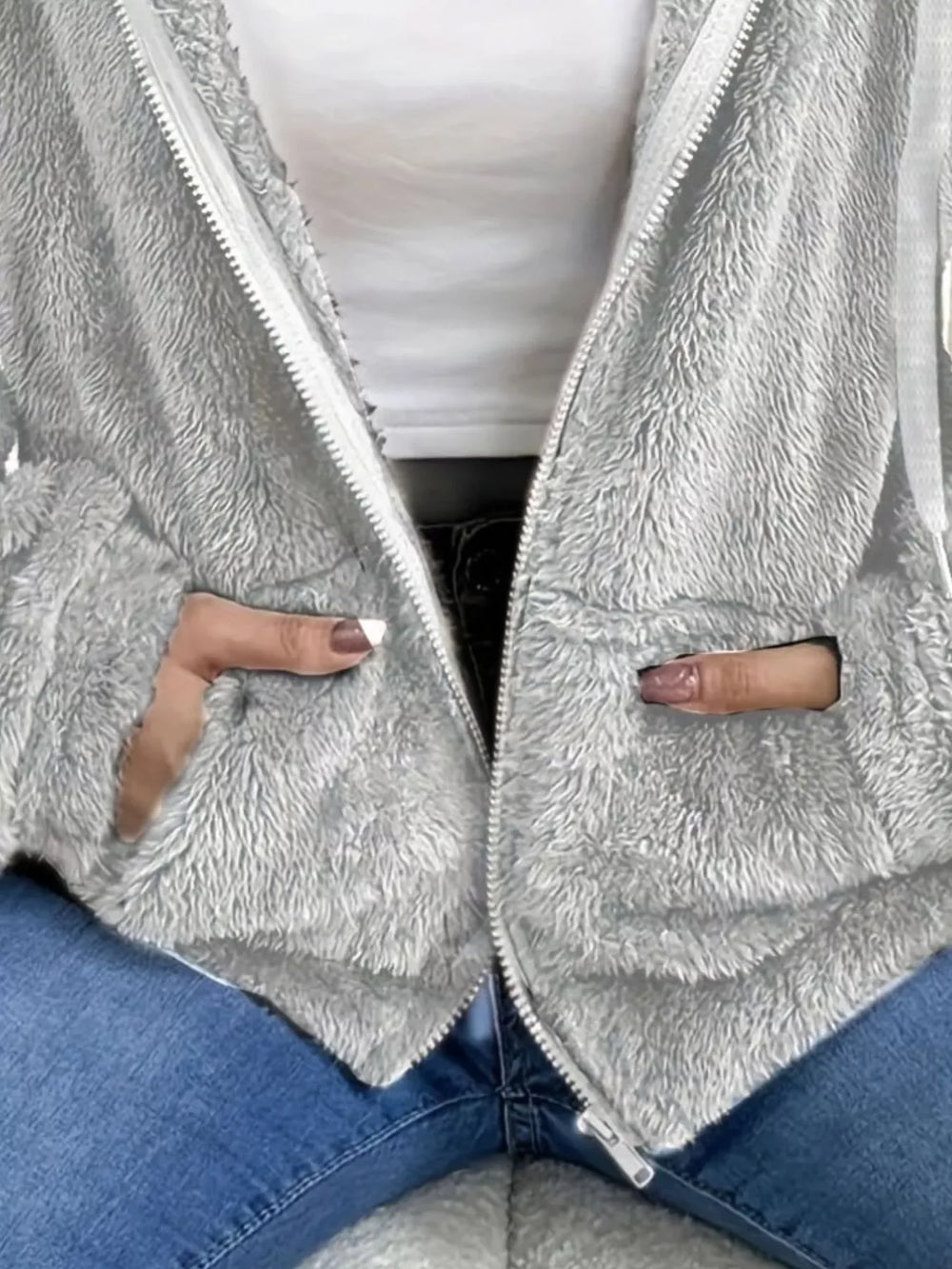 Drawstring Fleece Zip-Up Outerwear - Trendsi - Flyclothing LLC