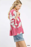 Umgee Peony Illustration Print Flounce Sleeve Blouse - Trendsi - Flyclothing LLC