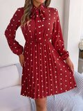 Polka Dot Tie Neck Pleated Dress - Trendsi - Flyclothing LLC