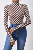 Checkered Turtleneck Long Sleeve Bodysuit - Trendsi - Flyclothing LLC