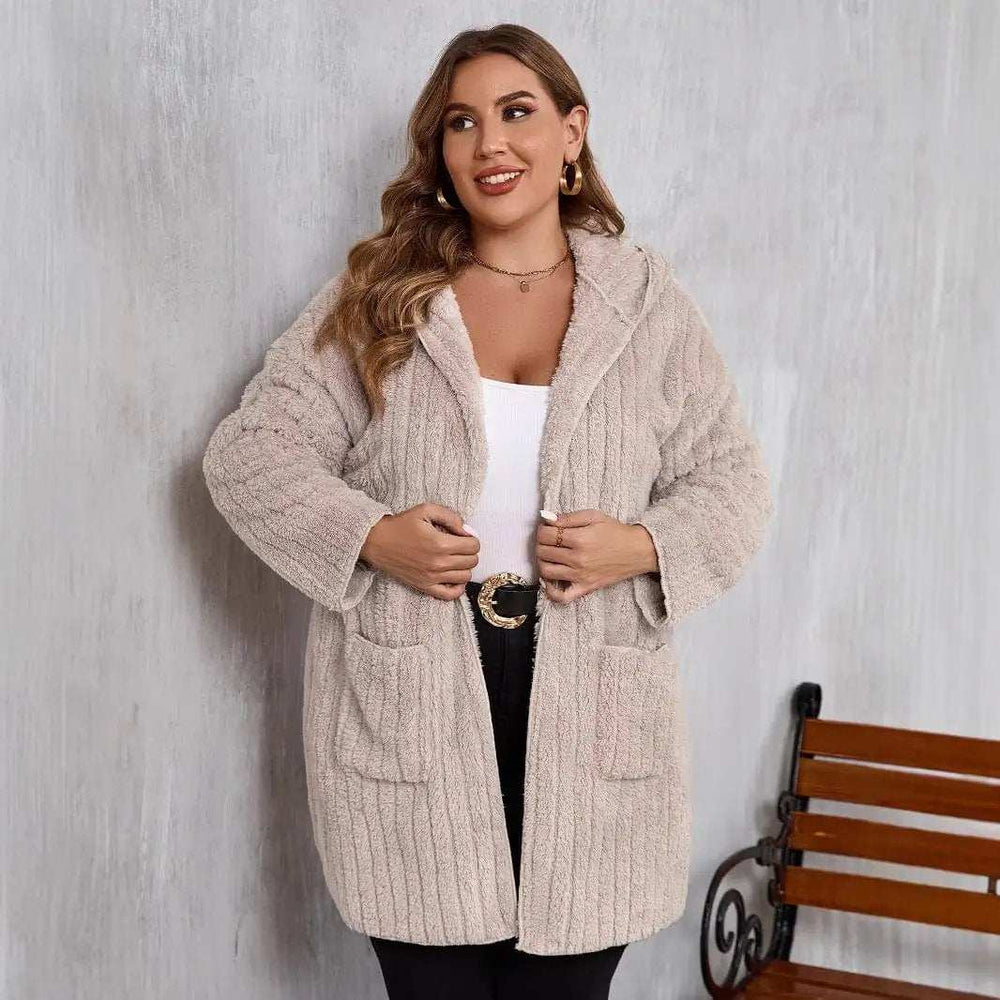 Plus Size Open Front Long Sleeve Hooded Fuzzy Jacket - Trendsi - Flyclothing LLC