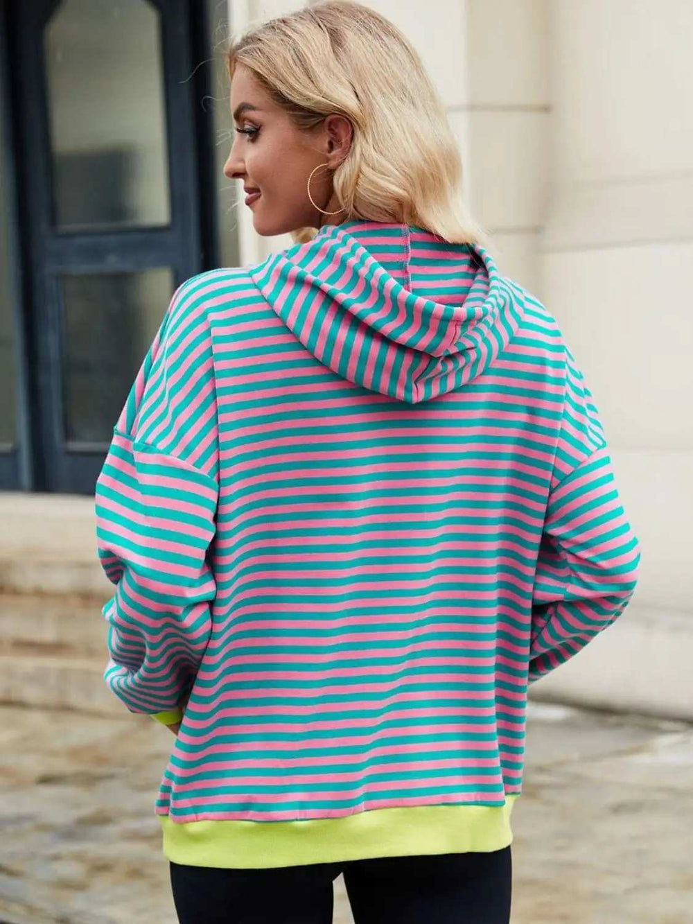 Drawstring Contrast Striped Long Sleeve Hoodie - Trendsi - Flyclothing LLC