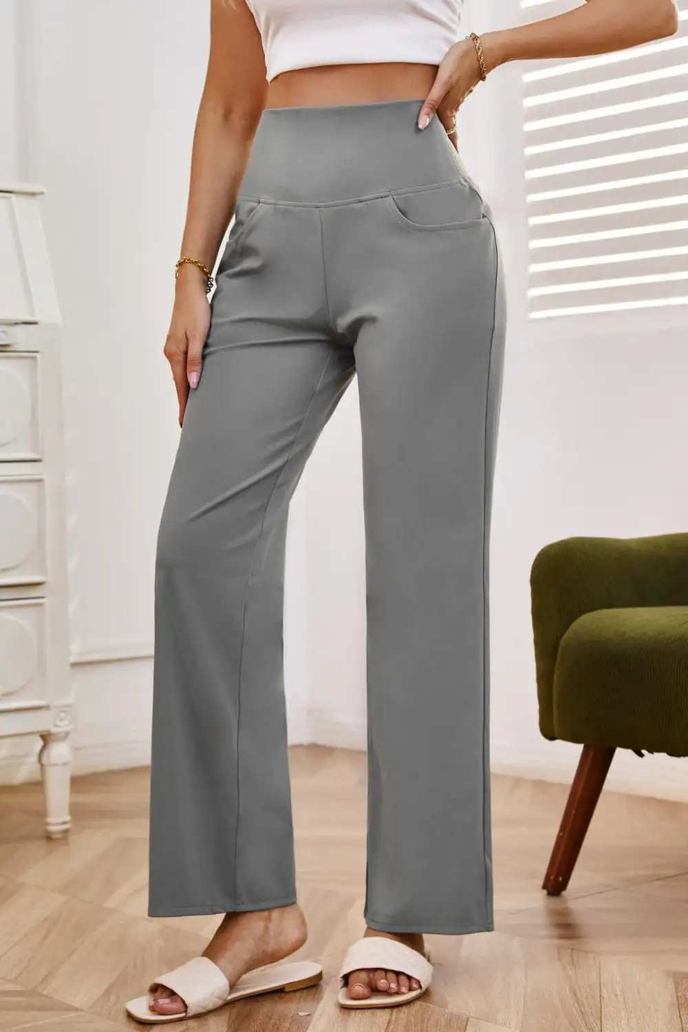 High Waist Wide Leg Pants with Pockets - Trendsi - Flyclothing LLC