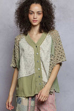 POL Button Down V-Neck Jacket with Printed Woven Patchwork - Trendsi - Flyclothing LLC