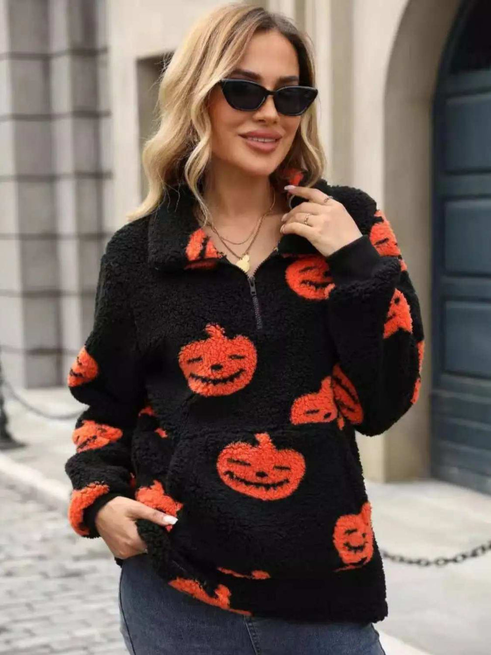 Jack-O'-Lantern Half Zip Long Sleeve Sweatshirt - Trendsi - Flyclothing LLC