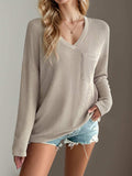 Double Take Pocketed Textured V-Neck Long Sleeve T-Shirt - Trendsi - Flyclothing LLC