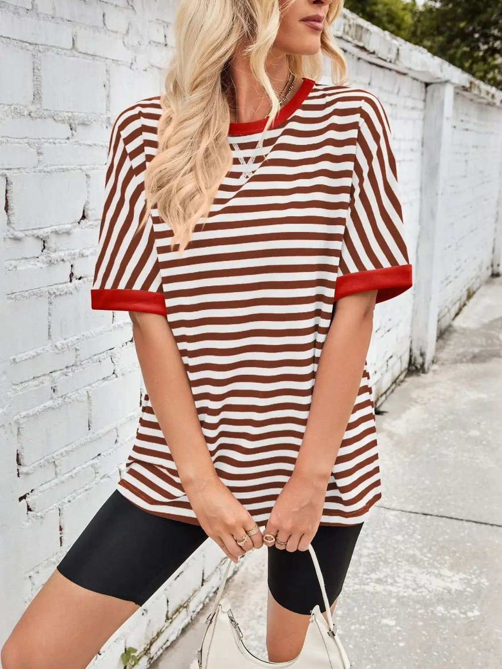 Lovelet Striped Round Neck Half Sleeve T-Shirt - Trendsi - Flyclothing LLC
