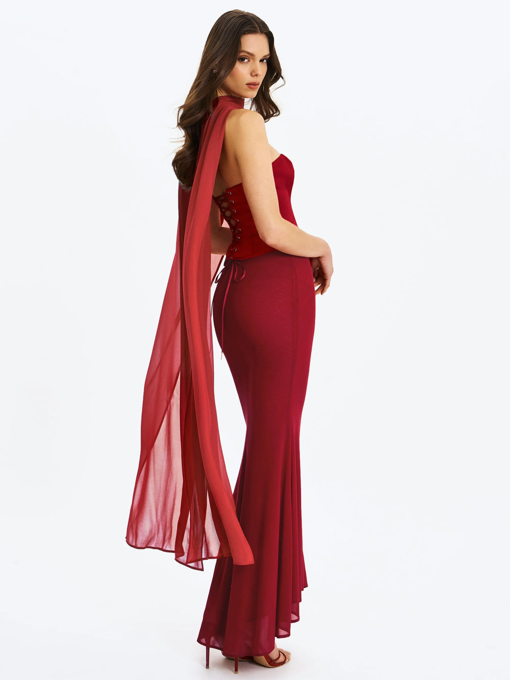 Giselle Crimson Peplum Mermaid Gown with Chiffon Scarf - Miss Circle - Flyclothing LLC