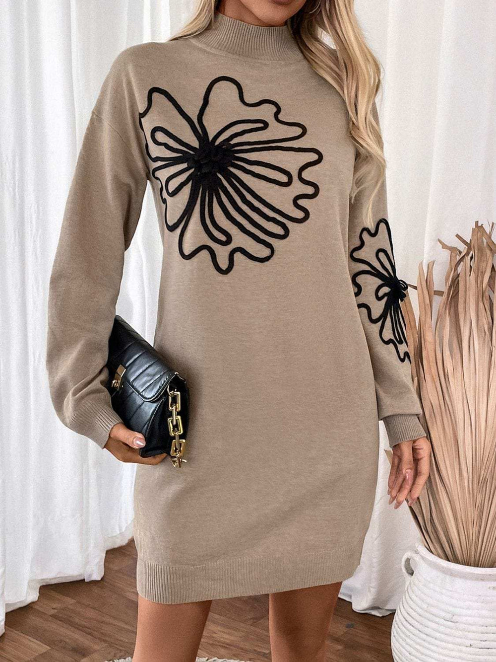 Perfee Flower Mock Neck Long Sleeve Sweater Dress - Trendsi - Flyclothing LLC