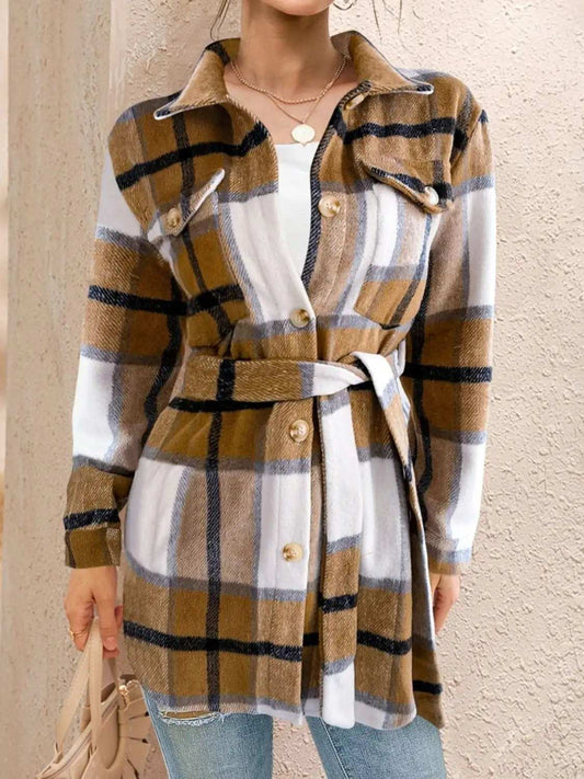 Tied Plaid Button Up Shacket - Trendsi - Flyclothing LLC