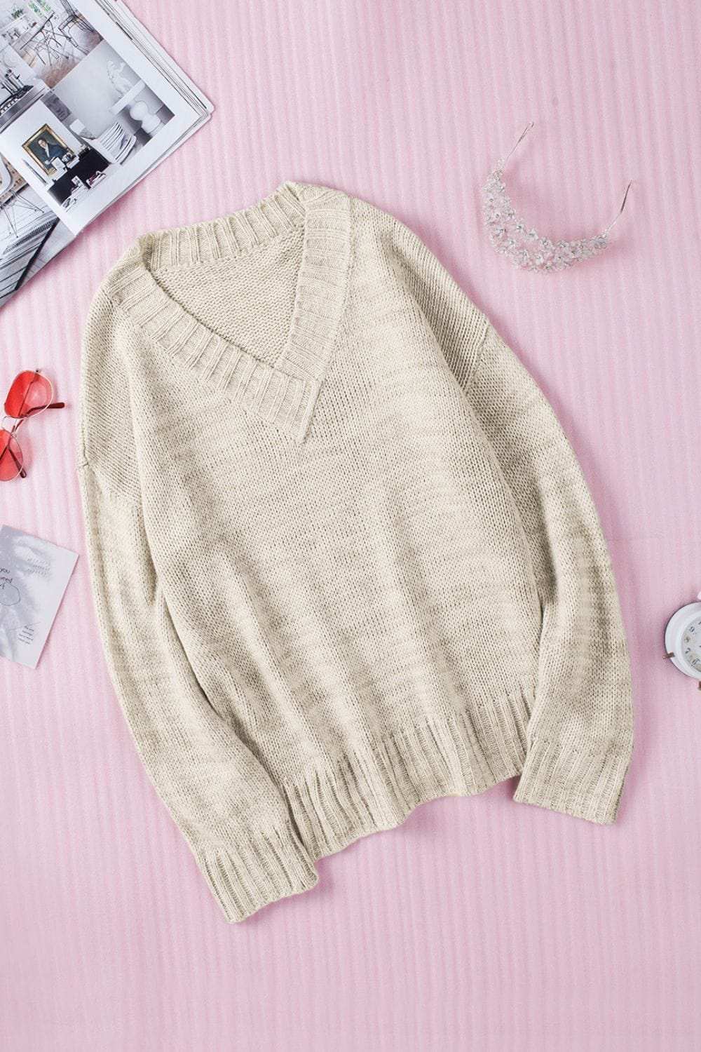 V-Neck Dropped Shoulder Sweater - Trendsi - Flyclothing LLC