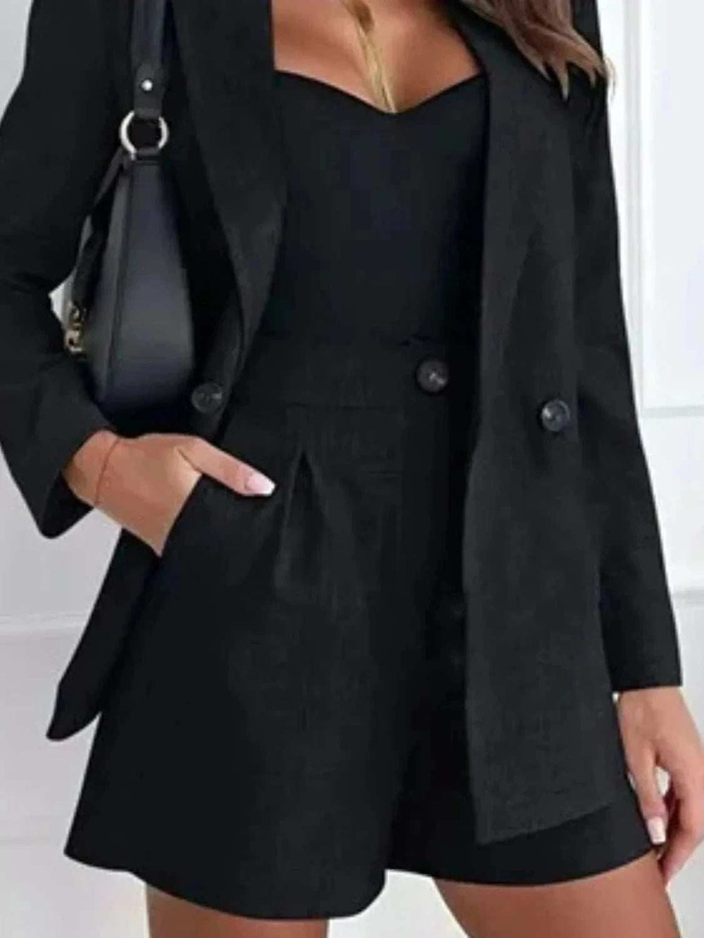 One Button Lapel Collar Blazer and Shorts Set - Trendsi - Flyclothing LLC