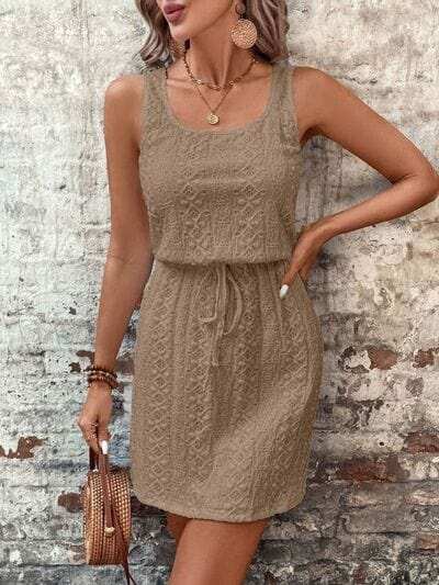 Eyelet Drawstring Round Neck Sleeveless Dress - Trendsi - Flyclothing LLC