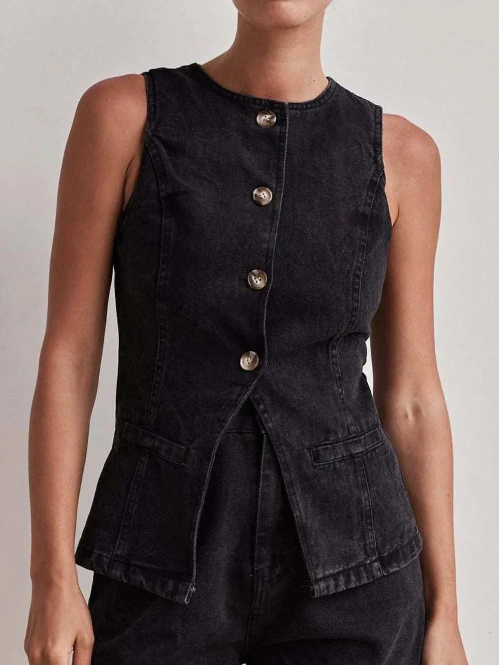Button Down Denim Vest - Trendsi - Flyclothing LLC