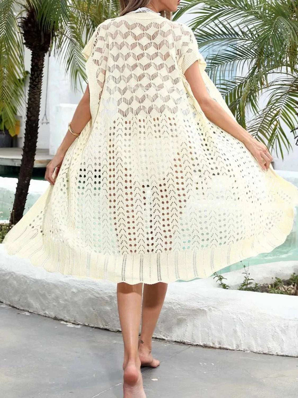 Open Front Short Sleeve Openwork Cover-Up - Trendsi - Flyclothing LLC