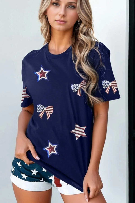 Sequin Star Round Neck Short Sleeve T-Shirt - Trendsi - Flyclothing LLC