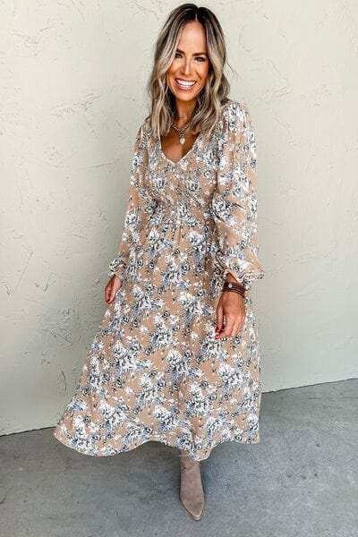 Printed V-Neck Long Sleeve Dress - Trendsi - Flyclothing LLC
