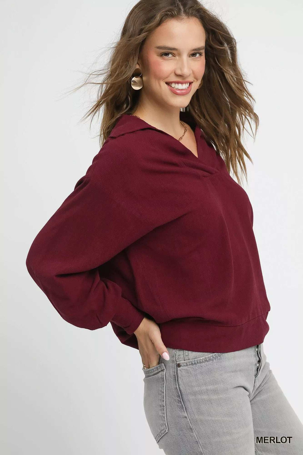 Umgee Linen Long Sleeves Elastic Hem Blouse - Trendsi - Flyclothing LLC