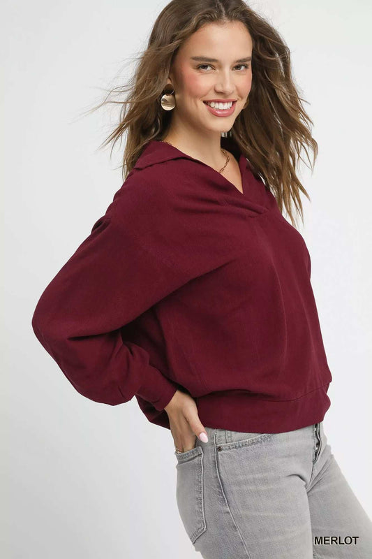 Umgee Linen Long Sleeves Elastic Hem Blouse - Trendsi - Flyclothing LLC