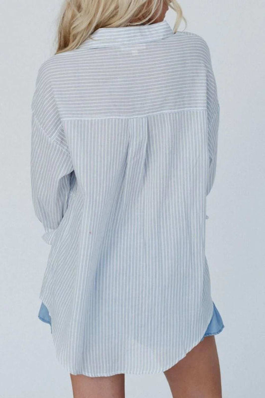 Frill Striped Collared Neck Long Sleeve Shirt - Trendsi - Flyclothing LLC