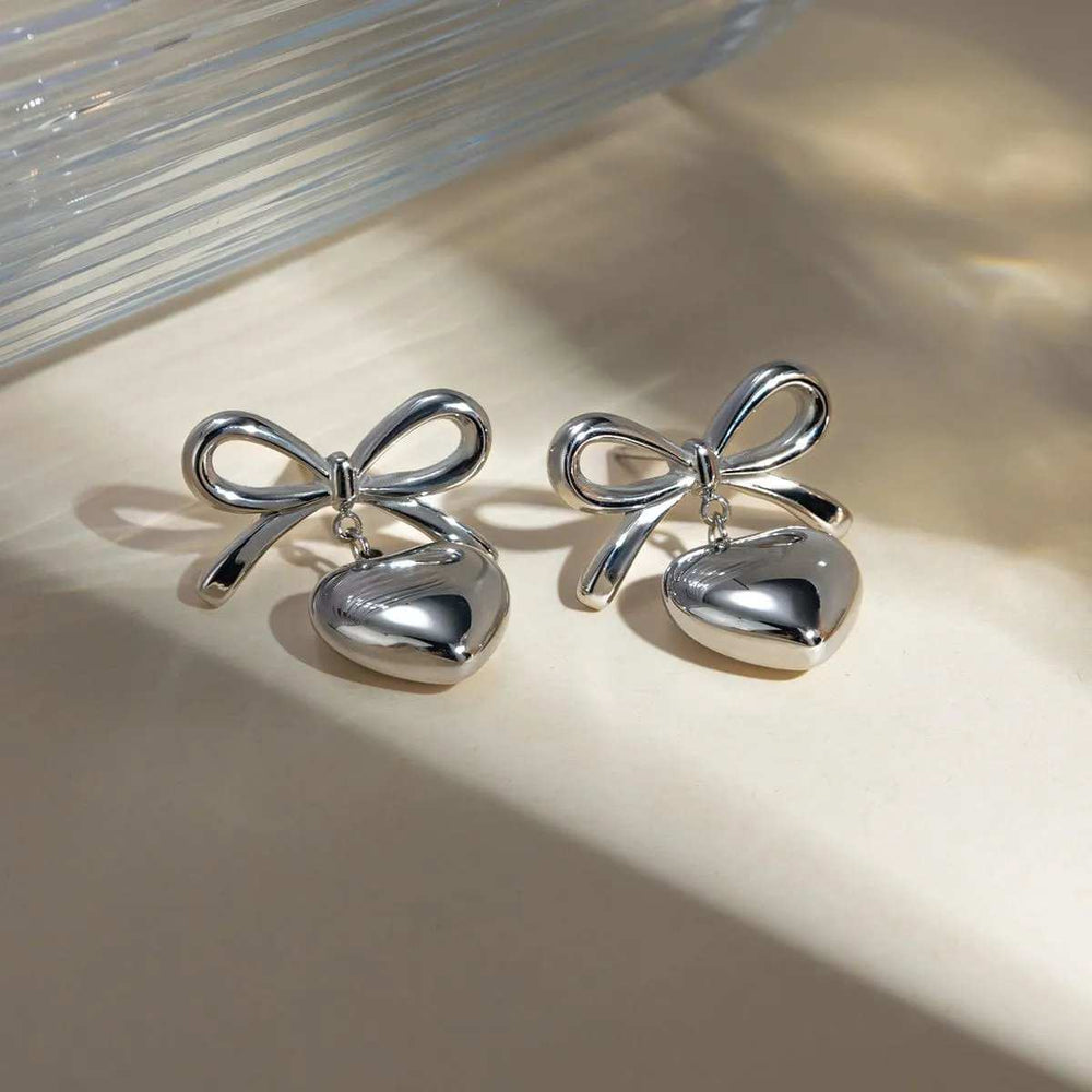 Stainless Steel Bow & Heart Drop Earrings - Trendsi - Flyclothing LLC