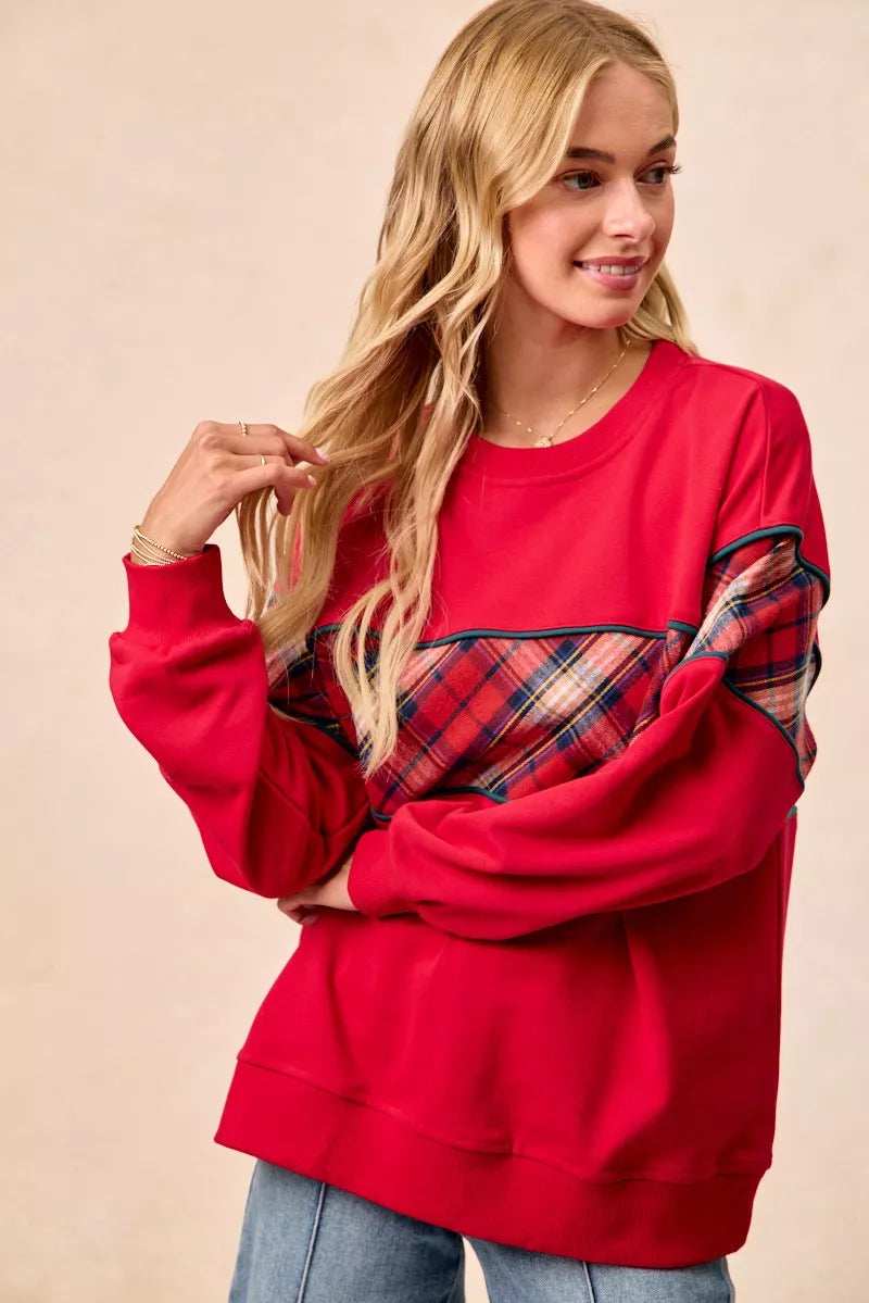 BiBi Christmas Theme Plaid Block Sweatshirt with Binding - Trendsi - Flyclothing LLC