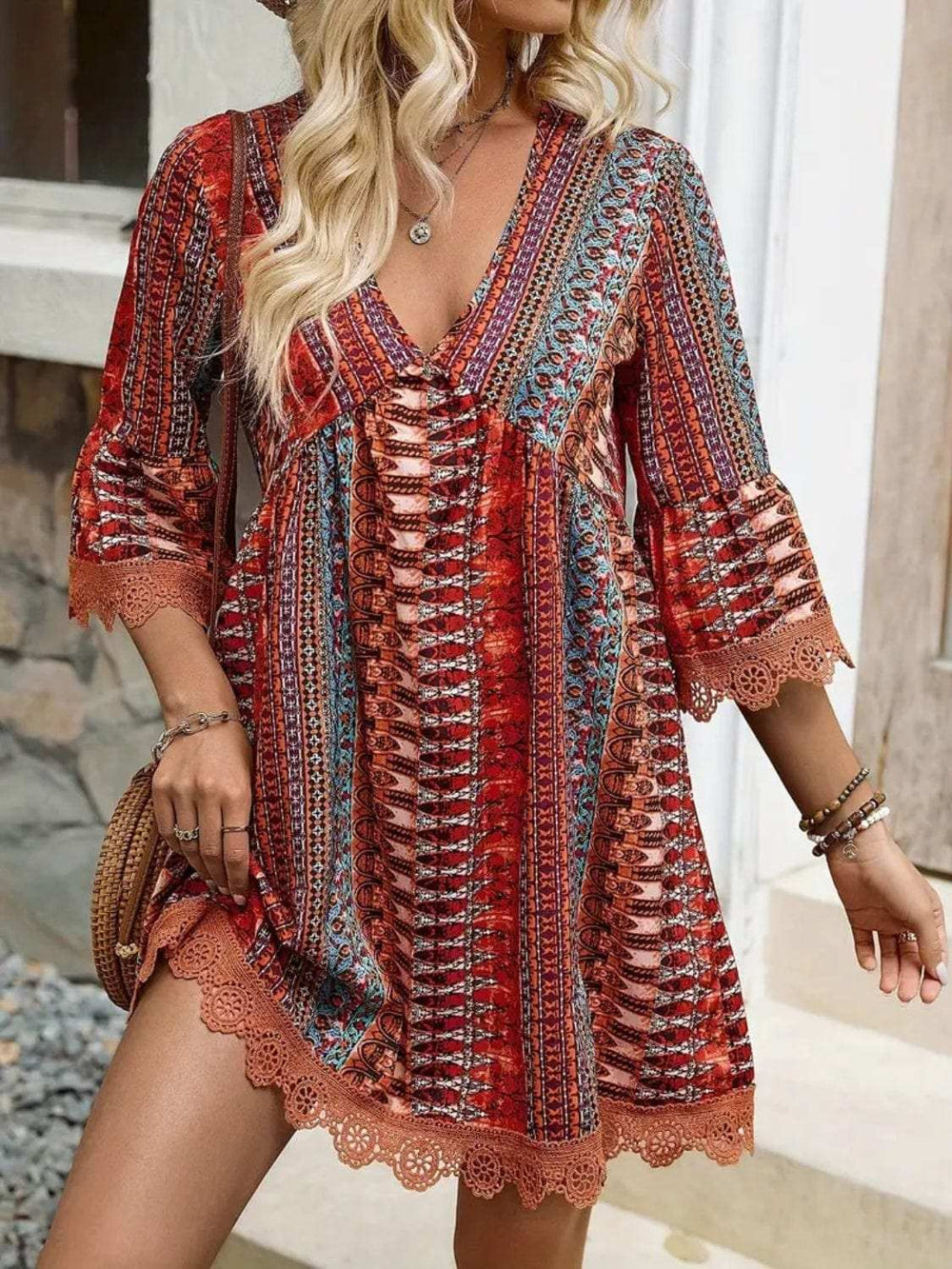 Lace Trim Printed V-Neck 3/4 Sleeve Dress - Trendsi - Flyclothing LLC