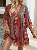 Lace Trim Printed V-Neck 3/4 Sleeve Dress - Trendsi - Flyclothing LLC