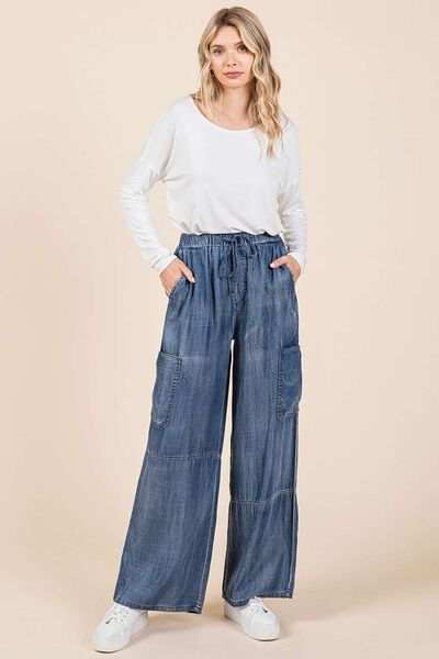 Mittoshop Washed Elastic Waist Cargo Wide Leg Pants - Trendsi - Flyclothing LLC