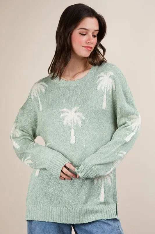 VERY J Palm Tree Graphic Oversized Knit Sweater - Trendsi - Flyclothing LLC