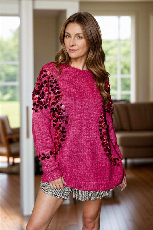 Sequin Round Neck Long Sleeve Sweater - Trendsi - Flyclothing LLC