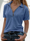Zip Collar Short Sleeve Top - Trendsi - Flyclothing LLC