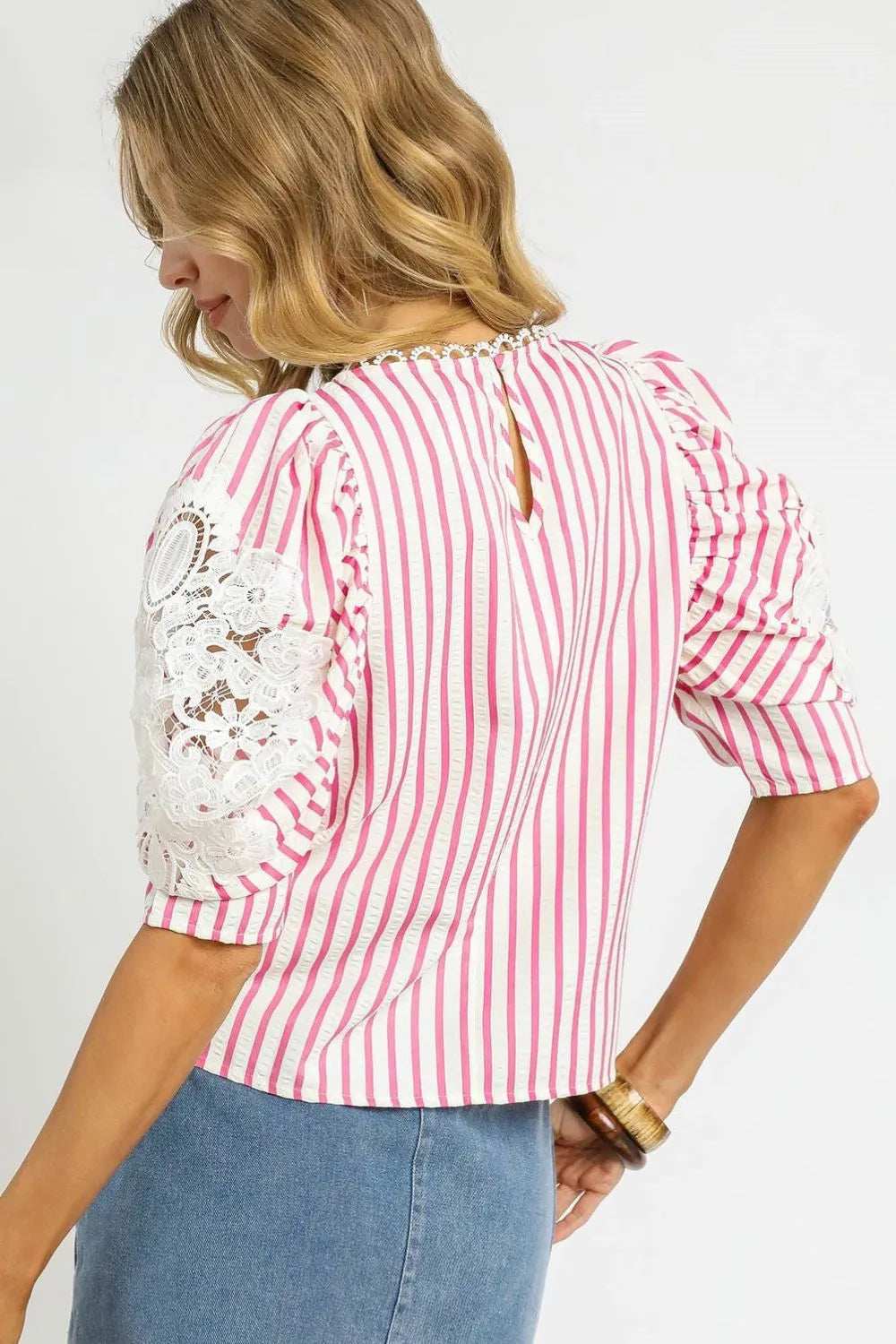 Umgee Striped Lace Puff Sleeve Blouse - Trendsi - Flyclothing LLC