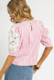 Umgee Striped Lace Puff Sleeve Blouse - Trendsi - Flyclothing LLC