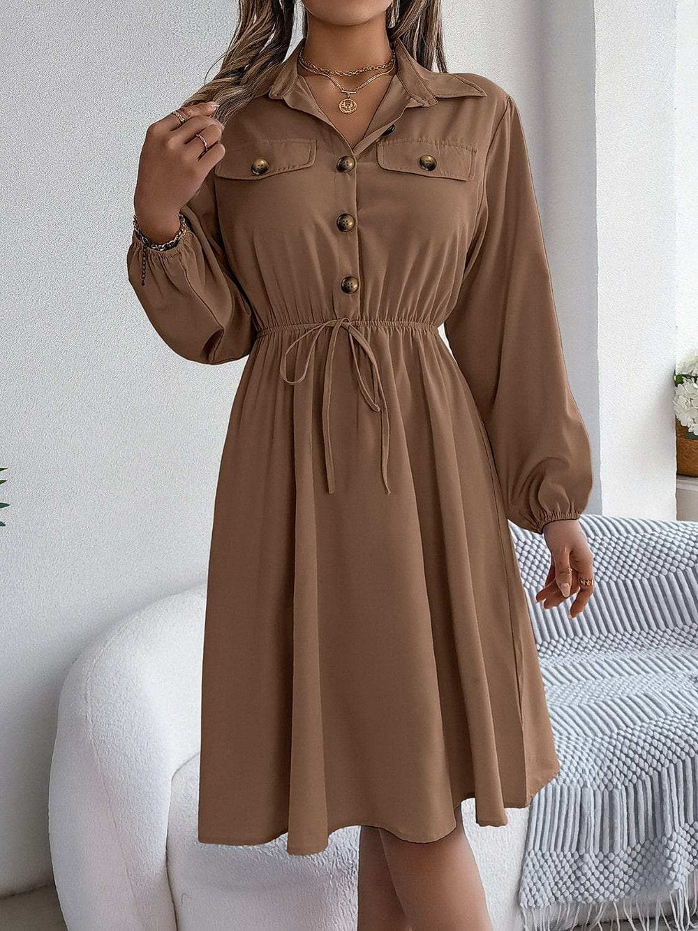 Collared Neck Long Sleeve Dress with Pockets - Trendsi - Flyclothing LLC